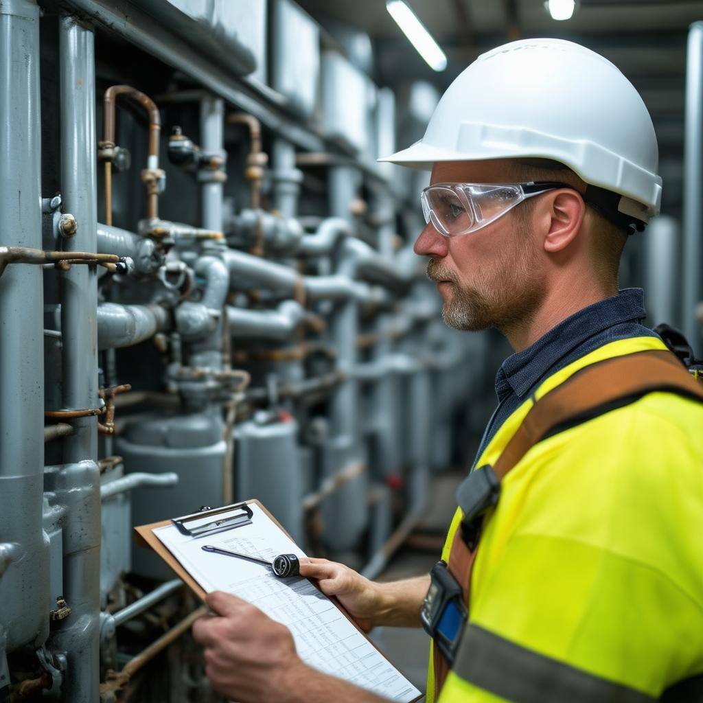 Service Tech looking at a bunch of pipes diagnosing the problem.