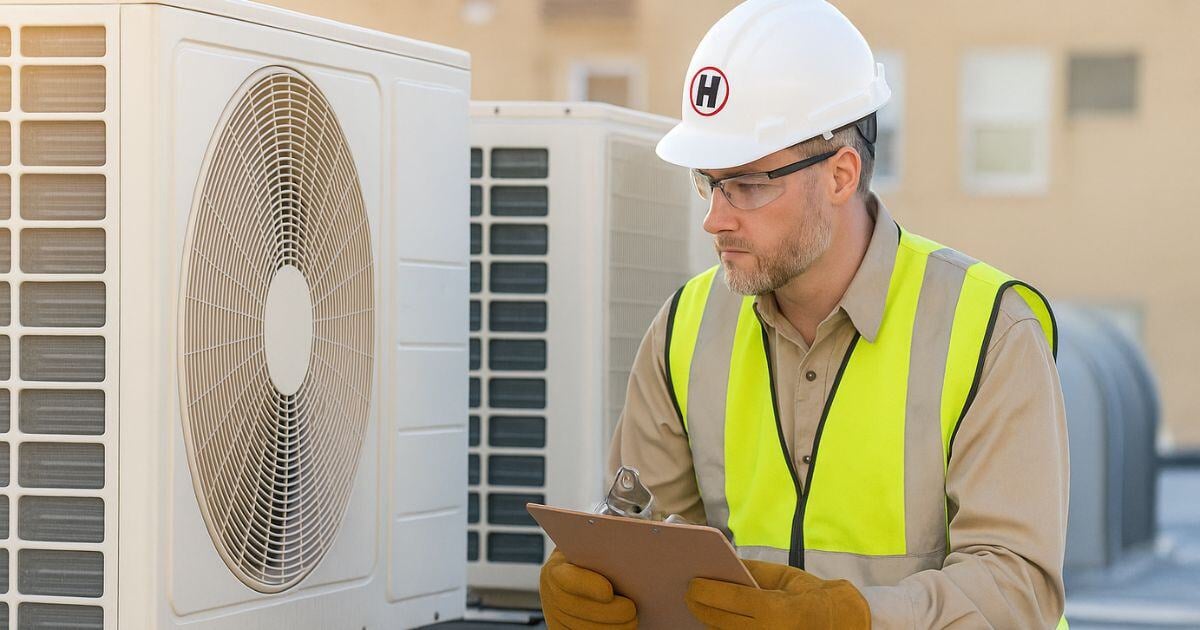 Man looking at rooftop unit with H on hardhat and clipboard