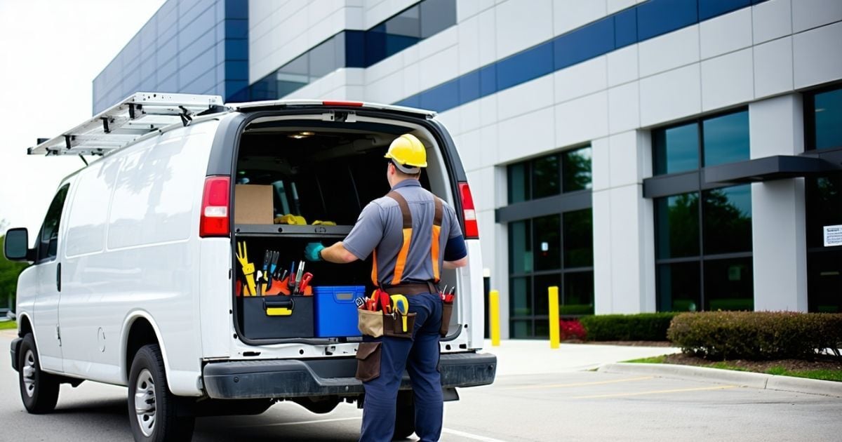 Commercial HVAC technician unloading tools from a service van outside a business during early morning repair work to maintain building operations.